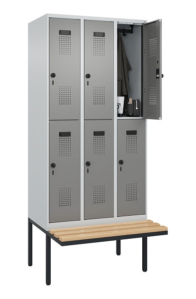 C+P Doppelstock-Spind Evolo PLUS, Bank, 6 Fächer, 2120x900x815mm, 7035/0004, Drehriegel, Sitzfläche Buche-Hartholz, 0493407-30 S10014