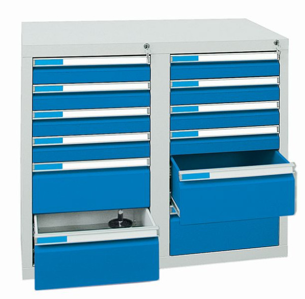 stumpf Schubladenschrank, Breite 100 cm, 100 % Teleskopauszüge, 75 kg / Schublade, Alu-Griffleisten, 12 Schubladen, lichtgrau / lichtblau, 7602578