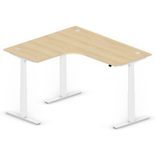 Deskin XXL Sitz-/ Stehschreibtisch Jumbo MULTI M, Buchedekor, T-Fuß-Stahlgestell in Weiß RAL 9016, linksseitig geformt, 295129