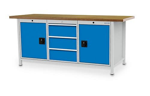 Bedrunka+Hirth Kastenwerkbank Serie 2000, mit 3 Schubladen Blendenhöhe 200 mm und 2 Flügeltüren, 2000 x 750 x 959 mm, 03.19.35V9A