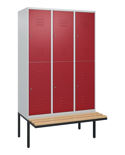 C+P Doppelstöckiger Spind Classic PLUS, 3 Abteile, 2120x1200x815mm, 7035/3003, Zylinderschlösser, Buche-Sitzleisten, Sitzfläche, 0803407-32 S10091