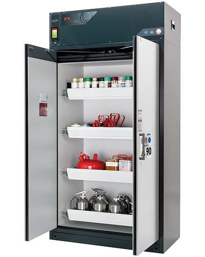 asecos Feuerbeständiger Umluft-Gefahrstoffschrank Custos, Türen grau, mit 4 Auszugswannen, Typ E-124, 248462