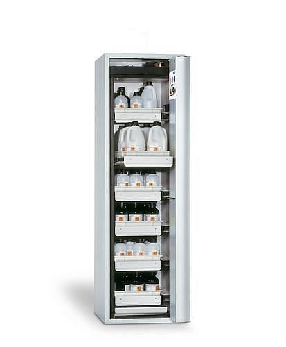 asecos Gefahrstoffschrank GF-750.6 (one touch), T 750 mm, 6 Auszüge, Falttür rechts, grau, 3031600130320