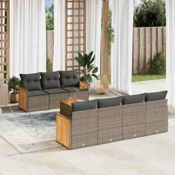 vidaXL 8-tlg. Garten-Sofagarnitur mit Kissen Grau Poly Rattan, UV-beständig, 3227488