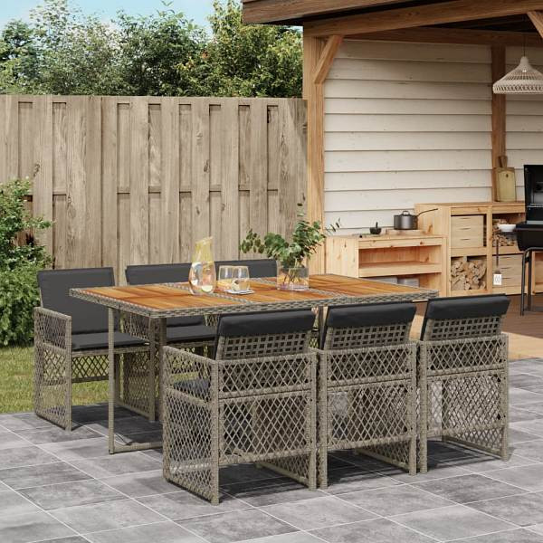 vidaXL 7-tlg. Garten-Essgruppe mit Kissen Grau Poly Rattan, UV-beständig, 3210734