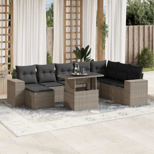 vidaXL 9-tlg. Garten-Sofagarnitur mit Kissen Hellgrau Poly Rattan, 3269362