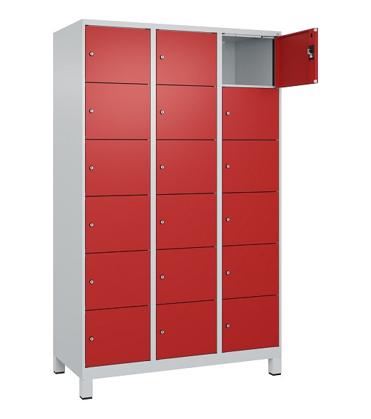 C+P Schließfachschrank Evolo PLUS, mit Füßen, 18 Fächer, 1950x1200x500mm, 7035/3000 feuerrot, 049010-326 S10003