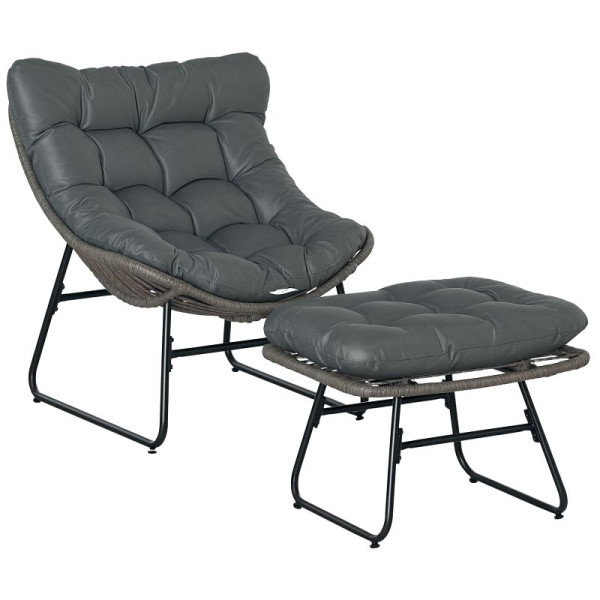 Outsunny Rattan Relaxsessel mit Fußhocker, Gartensessel mit dicke Kissen Outdoor Rattanstuhl Gartenstuhl, Balkon, Terrasse Grau, 867-110GY