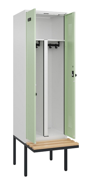C+P PSA Doppel-Spind Evolo PLUS, Bank, 2 Abteile, 2120x600x815mm, 9016/6019, Drehriegel, Sitzfläche Holz, 0490427-20P S10019