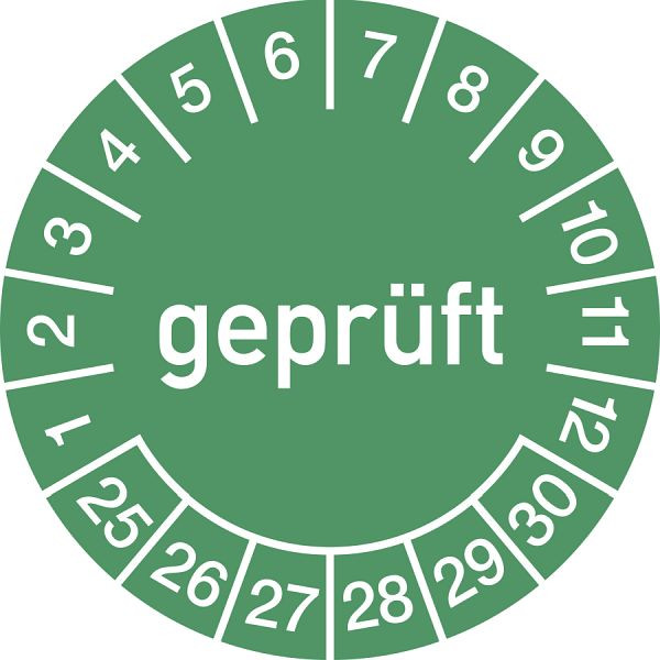 Moedel Prüfplakette geprüft 2025 - 2030, Folie, Ø 15 mm, VE: 500 Stück/Rolle, 106286