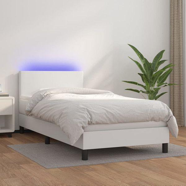 vidaXL Boxspringbett mit Matratze & LED Weiß 90x200 cm Kunstleder, 3134082