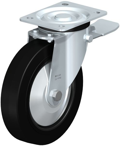 Blickle L-POEV 200XR-ST-FA Stahlblech-Lenkrolle, mittelschwere Ausführung, mit Anschraubplatte & Feststeller, Elastik-Vollgummi, Schwarz, 850730