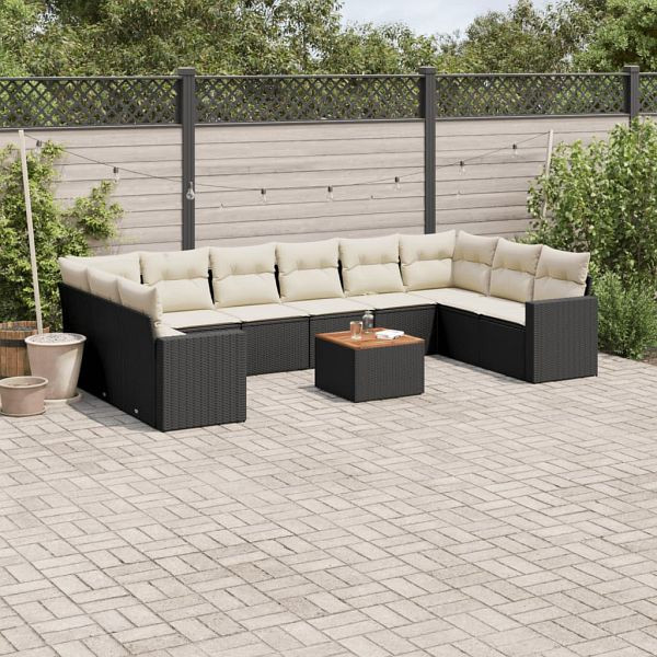 vidaXL 11-tlg. Garten-Sofagarnitur mit Kissen Schwarz Poly Rattan, 3256623