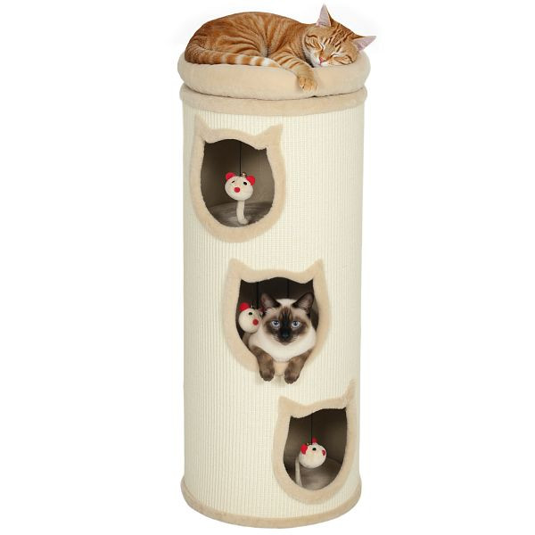 PawHut Katzenkratzfass, 96 cm, 4-Ebenen-Katzenturm mit waschbarem Bett, 3 Schlafhöhlen, Hängespielzeug, für mehrere Katzen, D30-961V00CW