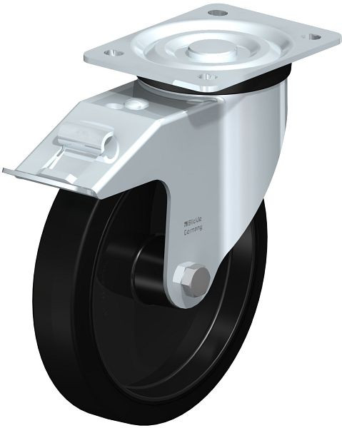 Blickle L-POEV 201R-FI Stahlblech-Lenkrolle, mittelschwere Ausführung, mit Anschraubplatte & Feststeller, Elastik-Vollgummi, Schwarz, 754969