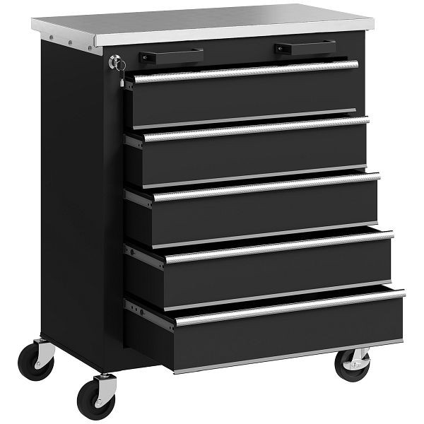 HOMCOM Werkzeugschrank mit 5 Schubladen, rollbare Werkzeugkiste, Werkzeugwagen aus Stahl, Silberton+Schwarz, B20-123V00BK