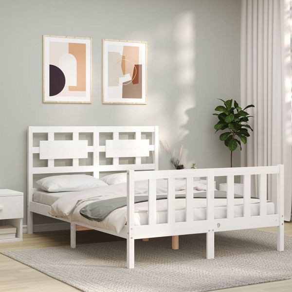 vidaXL Massivholzbett mit Kopfteil Weiß, Top-Qualität, 3192527