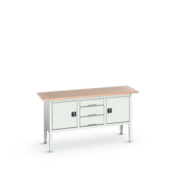 bott verso Kastenwerkbank (Multiplex-Platte) mit 3 Schubladen und 2 Türen, BxTxH: 1750 x 600 x 830 - 930 mm, Lichtgrau / Lichtgrau, 16923022.16