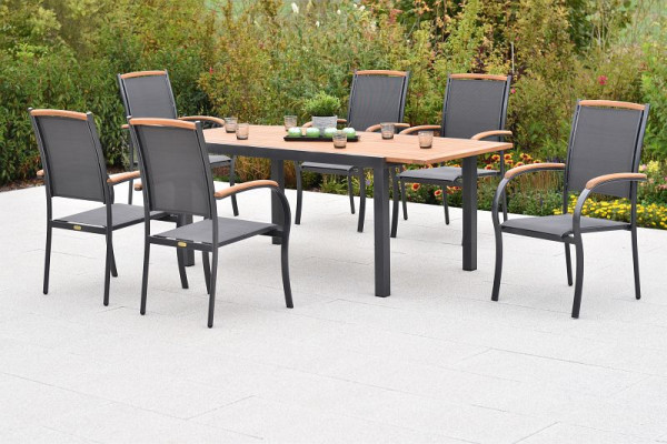 Merxx Siena Set 7-teilig, 6 Siena Stapelsessel, 1 Ausziehtisch, 150 (200) x 90 cm, graphit/grau, Stapelsessel mit Applikationen aus Akazienholz, 51012-309