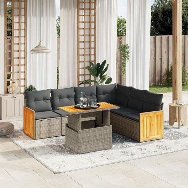 vidaXL 7-tlg. Garten-Sofagarnitur mit Kissen Grau Poly Rattan, 3273979