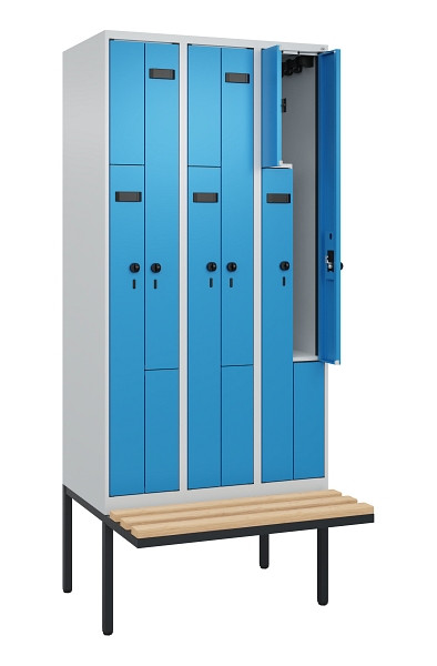 C+P Z-Spind Evolo PLUS, Bank, 6 Fächer, 2120x900x815mm, 7035/5012, Drehriegel, Sitzfläche Holz, 0490437-306 S10017