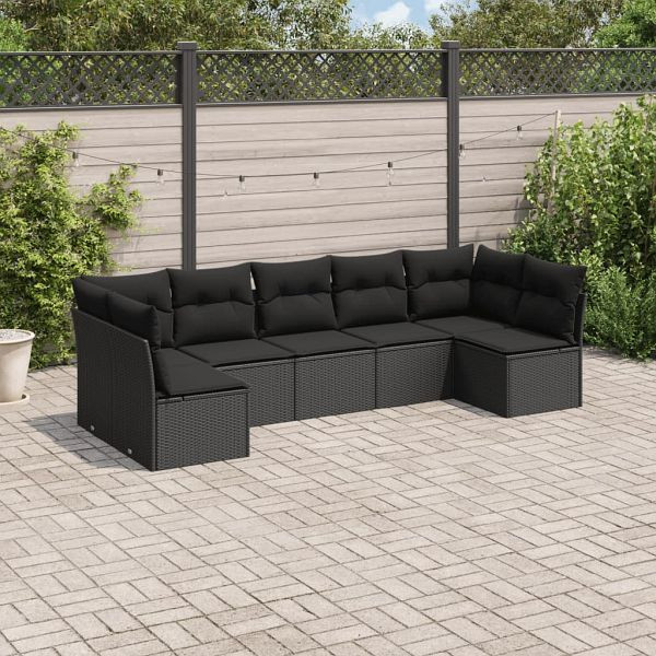vidaXL 7-teilig Garten-Sofagarnitur mit Kissen Schwarz Poly Rattan, 3217425
