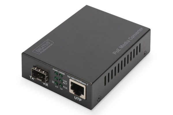 DIGITUS Gigabit Ethernet PoE+ Medienkonverter, SFP, SFP offener Slot, 802.3at, 30W, ohne SFP Modul, DN-82140