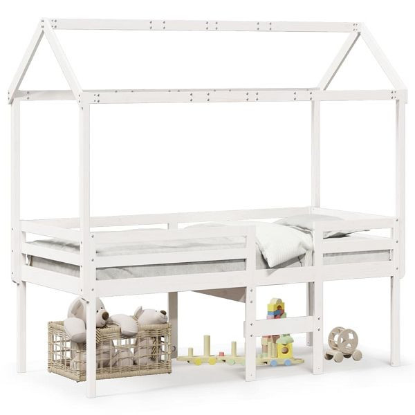 vidaXL Hochbett mit Dach Weiß 90x200 cm Massivholz Kiefer, 3282133