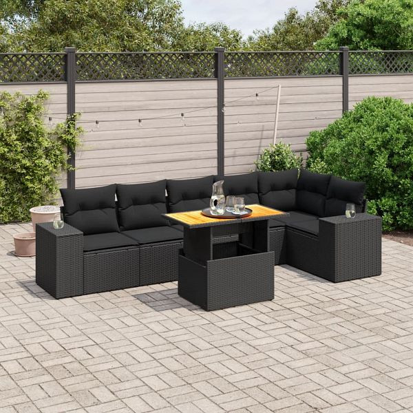 vidaXL 7-teilig Garten-Sofagarnitur mit Kissen Schwarz Poly Rattan, 3272644