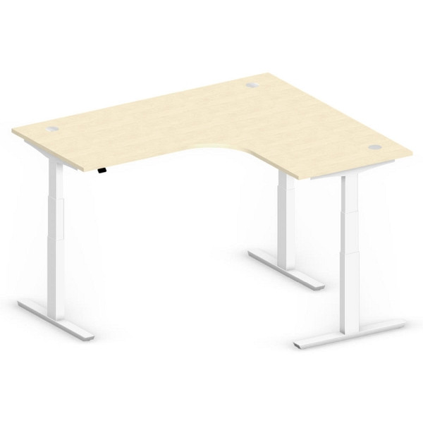 Deskin XXL Sitz-/ Stehschreibtisch Jumbo MULTI M, Ahorndekor, T-Fuß-Stahlgestell in Weiß RAL 9016, rechtsseitig geformt, 295138