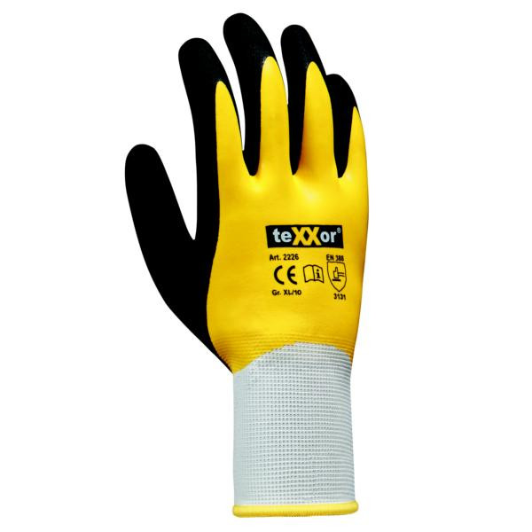 teXXor Polyester-Strickhandschuhe LATEX, Größe: 10, Farbe: weiß/gelb/schwarz, VE: 120 Paar, 2226-10