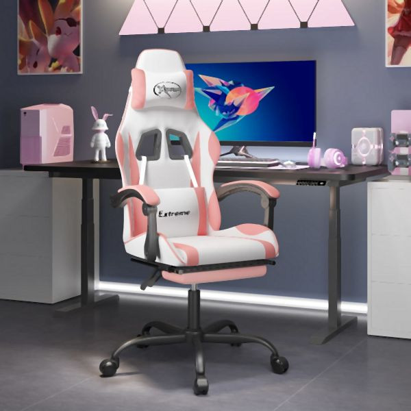 vidaXL Gaming-Stuhl mit Fußstütze Drehbar Weiß & Rosa Kunstleder, 349588