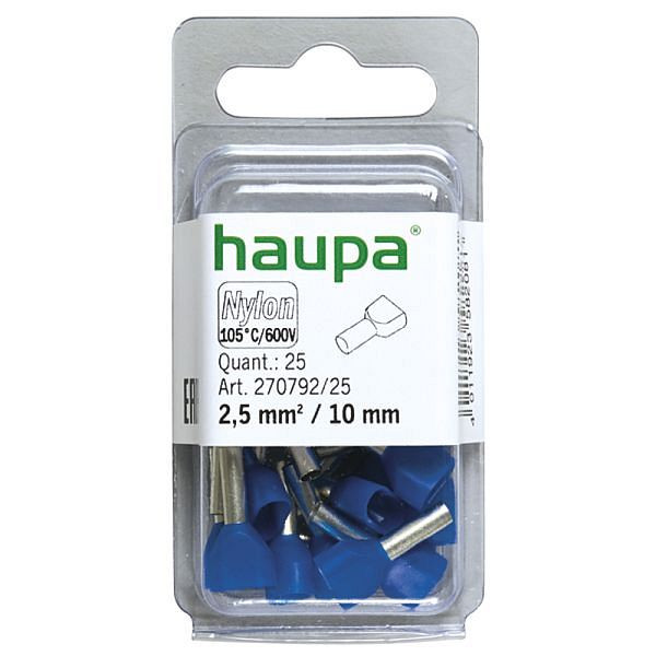 Haupa Twin-Aderendhülse 2,5 mm²/10 mm blau, VE: 25 Stück, 270792/25