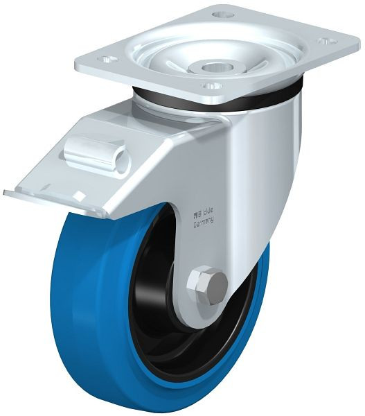 Blickle LK-POEV 160KD-FI-SB Stahlblech-Lenkrolle, schwere Ausführung, mit Anschraubplatte & Feststeller, Elastik-Vollgummi, Blau, 851217