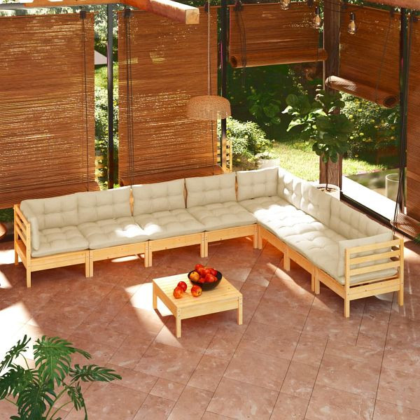 vidaXL 9-tlg. Garten-Lounge-Set mit Creme Kissen Massivholz Kiefer, 3096809