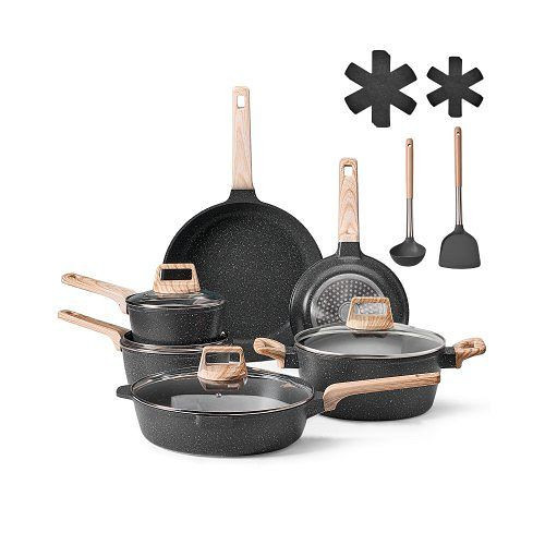 VEVOR Induktionskochgeschirr Set 17-tlg, antihaftbeschichtet, mit Glasdeckel, für Wohnmobil, Braten & Kochen (Schwarz), LGTZLGTFLTCYRQCBTV0