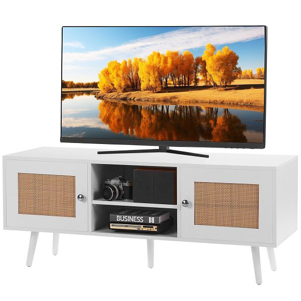 VEVOR Rattan-TV-Ständer, für 140 cm Fernseher, Retro-TV-Ständer, Rattan-TV-Konsole mit verstellbaren Regalen & 2 Türen, Weiß, TBDSJ47INBSLSI0TBV0