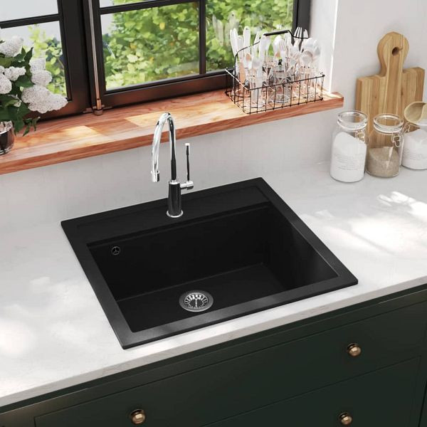 vidaXL Granitspüle Einzelbecken Schwarz, 142954