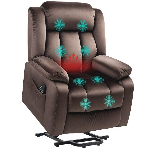 HOMCOM Aufstehsessel mit Massagefunktion und Lendenheizung, Recliner-Sessel mit Fernbedienungen und Seitentaschen, Braun, 713-174V90BN