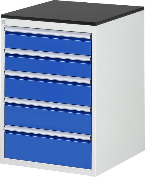 RAU Schubladenschrank Serie 7000, B580xT650xH820mm, Schubladen: 2xH120, 2xH150, 1xH180mm, Arbeitsplatte mit Melaminharzbeschichtung, 03-L5.11A-M.11