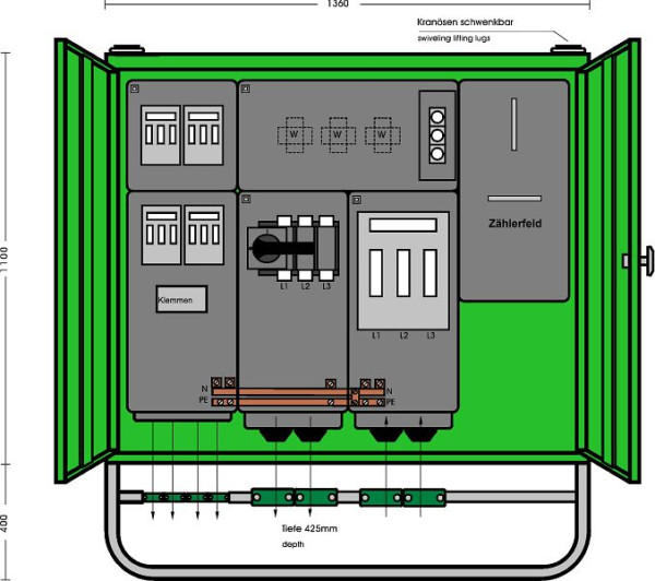 Elektra Tailfingen Anschlussschrank 173 kVA mit Wandlermessung mit 5 NH Abgängen, A 250-1Z-4AB, 183054