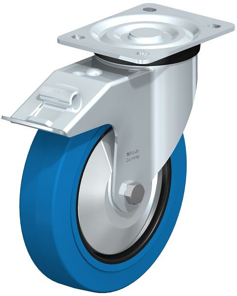 Blickle L-POEV 200XR-FI-SB-FA Stahlblech-Lenkrolle, mittelschwere Ausführung, mit Anschraubplatte & Feststeller, Elastik-Vollgummi, Blau, 850722