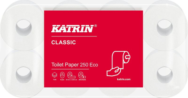 Katrin Toilettenpapier Classic Eco, 3-lagig, weiß, 8 Rollen à 250 Blatt, 223050620