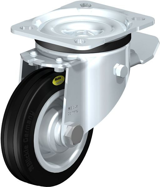Blickle LK-RD 100R-1-ST Stahlblech-Lenkrolle, schwere Ausführung, mit Anschraubplatte & Feststeller, Zweikomponenten-Vollgummi, Schwarz, 276014