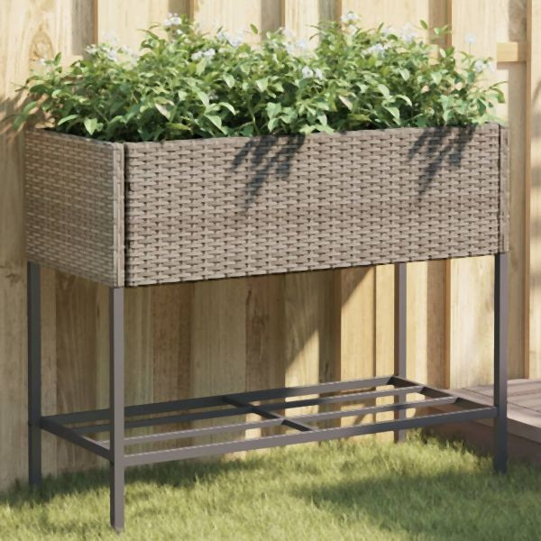vidaXL Pflanzkübel mit Ablage Grau Poly Rattan, Blumen, 366386