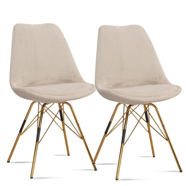 Wohnling Esszimmerstuhl 2er Set Cara-Stoff Beige Küchenstuhl mit goldenen Beinen, Cord-Schalenstuhl Skandinavisches Design, WL7.141