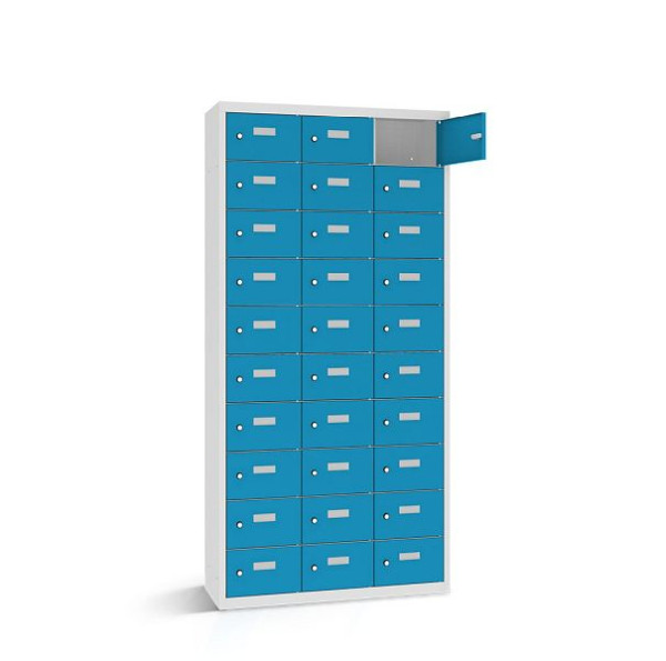 Rotstahl Wertfachschrank, 30 Fächer, Tür einwandig, kurzer Sockel, Korpus: lichtgrau, Türen: lichtblau, 2161-031003-0881112-7035-5012