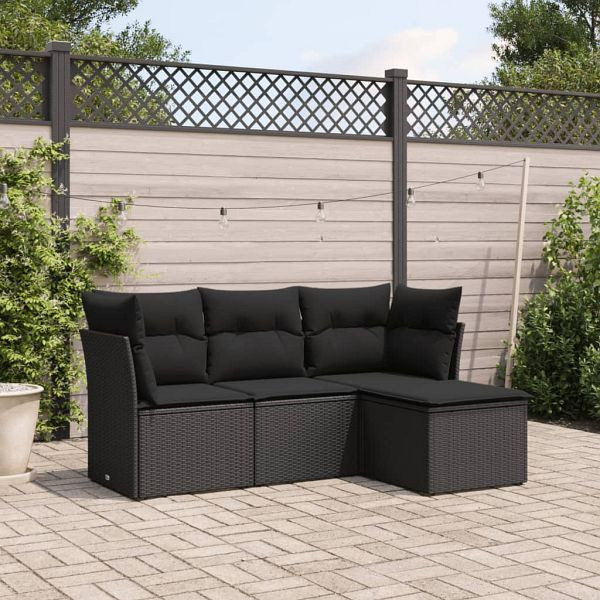 vidaXL 4-teilig Garten-Sofagarnitur mit Kissen Schwarz Poly Rattan, 3249374