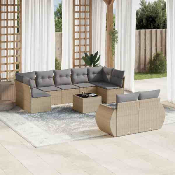 vidaXL 10-tlg. Garten-Sofagarnitur mit Kissen Beige Poly Rattan, UV-beständig, 3254166