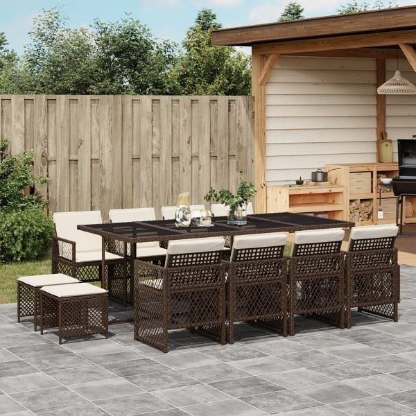 vidaXL 13-tlg. Garten-Essgruppe mit Kissen Braun Poly Rattan, 3210801